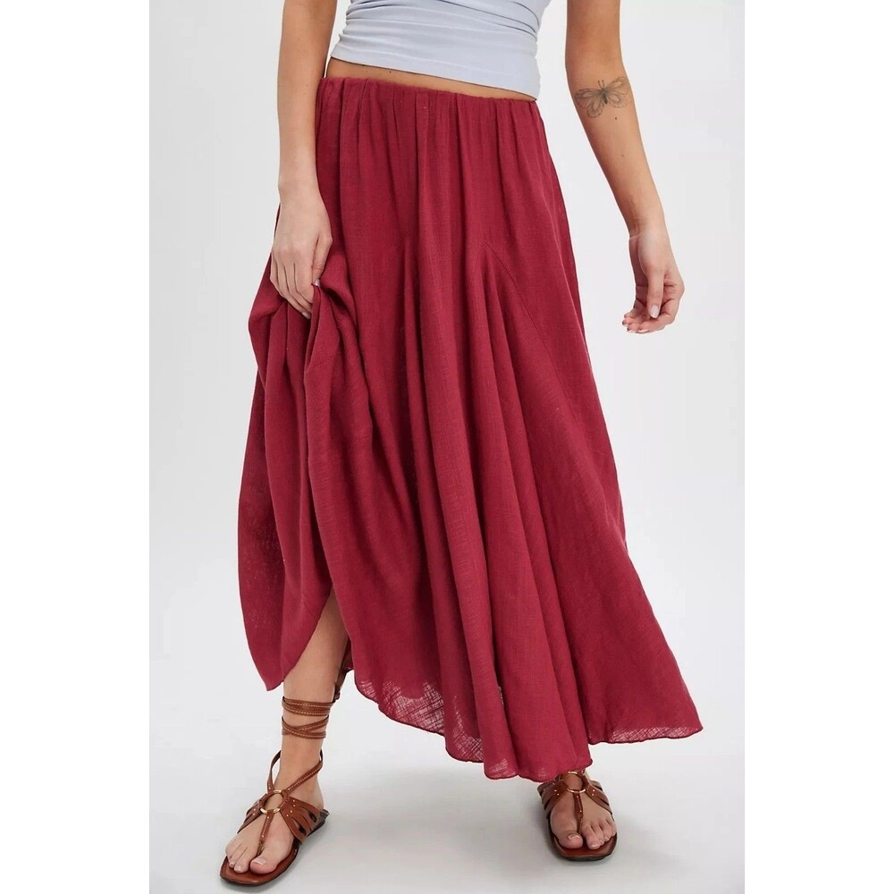 Free People Madras That Solid Linen Maxi Skirt A Line Godet Mid Rise XS 285281